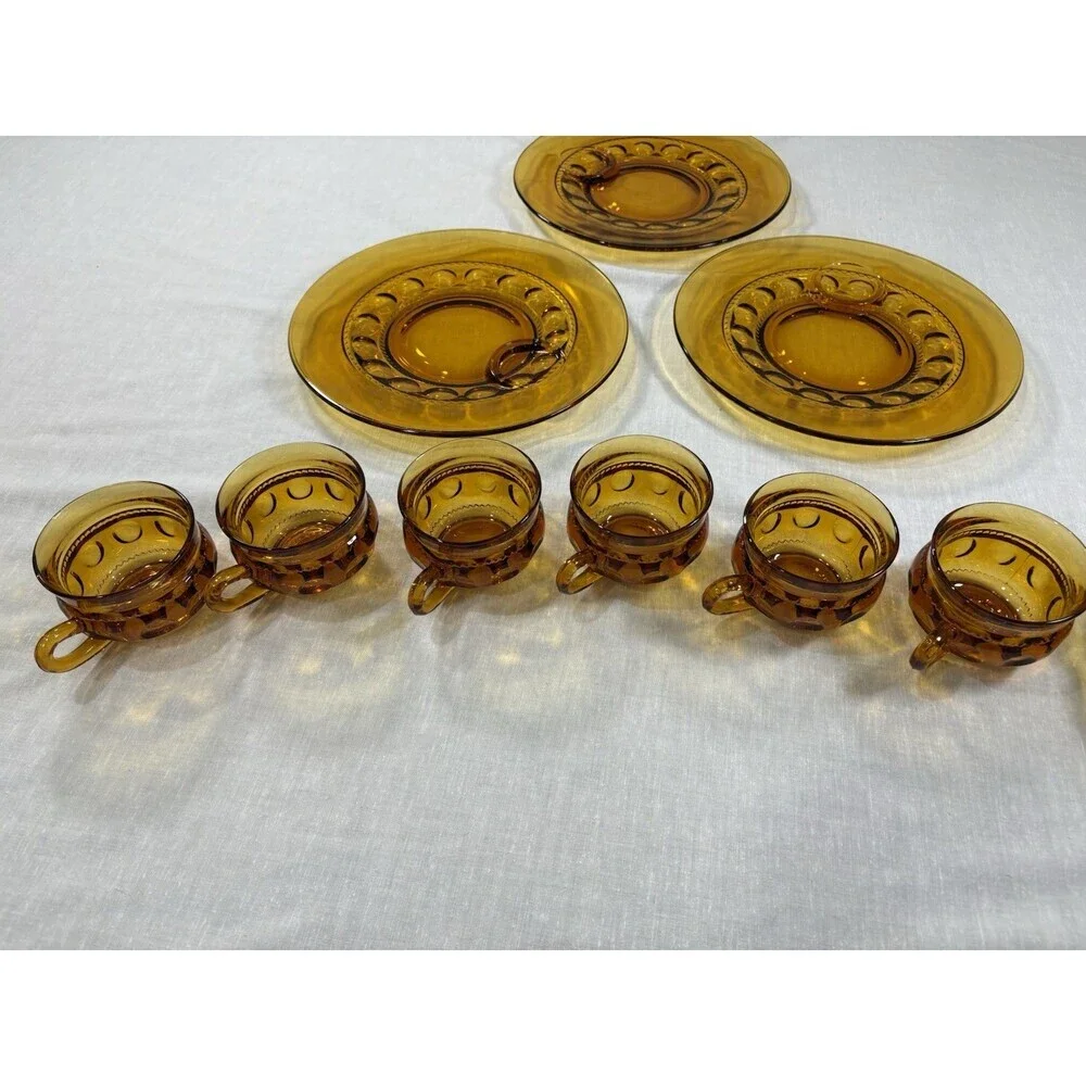 Vintage Indiana Glass Kings Crown Thumbprint Amber Snack Set 6 Plates 6Cups